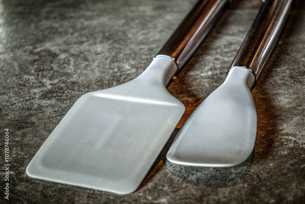 Two spatulas on a textured surface, ready for culinary preparation. Two spatulas on a textured surface, ready for culinary preparation.