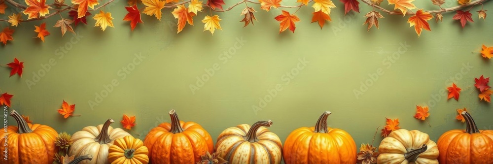 Three vibrant orange pumpkins arranged neatly on a rustic orange colored background, perfect for an autumn themed banner, autumn, seasonal Three vibrant orange pumpkins arranged neatly on a rustic orange colored background, perfect for an autumn themed banner, autumn, seasonal