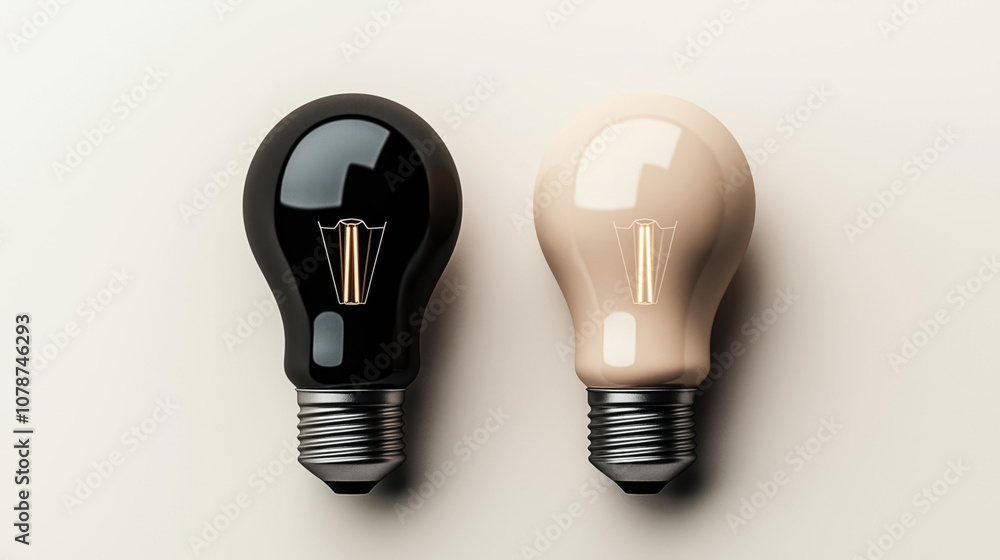 Two light bulbs with metallic bases, one black and one beige, placed against a neutral background. The bulbs are designed with a vintage style filament visible inside. Two light bulbs with metallic bases, one black and one beige, placed against a neutral background. The bulbs are designed with a vintage style filament visible inside.
