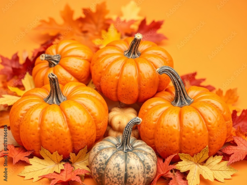 Three vibrant pumpkins arranged neatly on a deep yellow background, perfect for fall or harvest-themed designs and decor, rustic, vibrant Three vibrant pumpkins arranged neatly on a deep yellow background, perfect for fall or harvest-themed designs and decor, rustic, vibrant