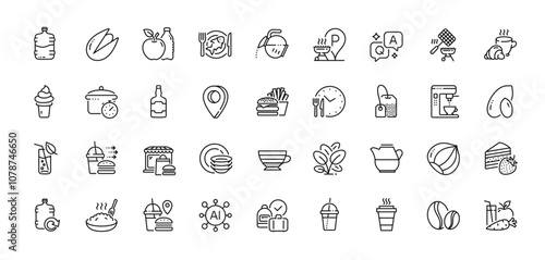 Coffee maker, Food time and Food delivery line icons pack. AI, Question and Answer, Map pin icons. Ice cream, Grill basket, Coffee break web icon. Cake, Takeaway, Whiskey bottle pictogram. Vector