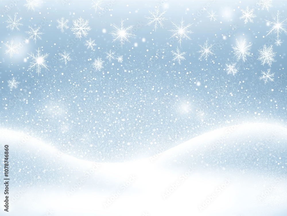 Snowy landscape with a blue sky and snowflakes falling Snowy landscape with a blue sky and snowflakes falling
