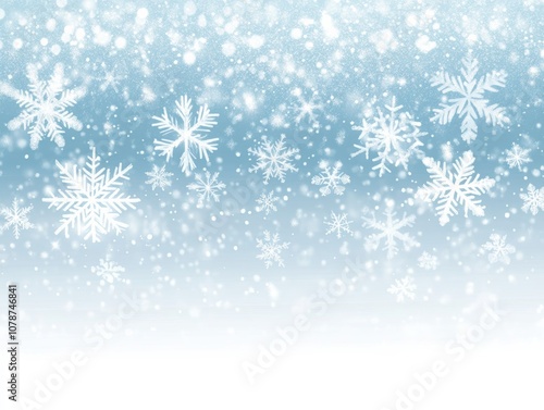 Snowy scene with many snowflakes falling from the sky