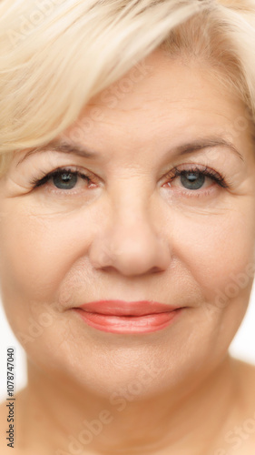 Frontal shot of woman's face, highlighting her blue eyes with long lashes against white studio background. Well-kept, shining skin. Concept of natural beauty, spa treatment, cosmetology. photo