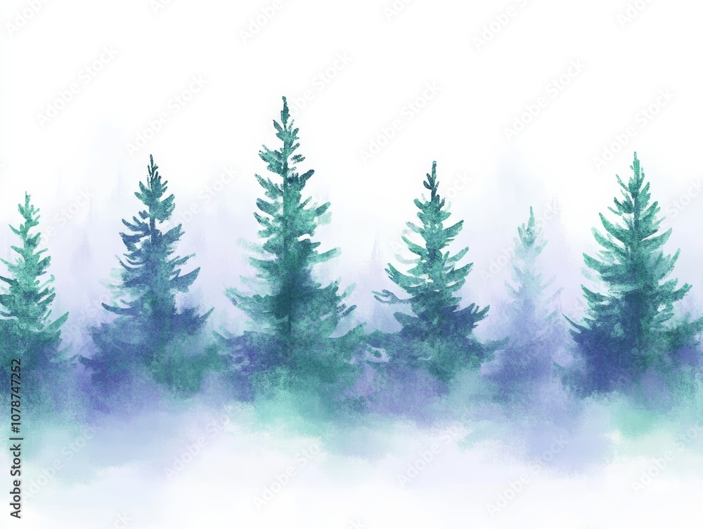 Obraz premium Painting of a forest with trees in various shades of blue and green