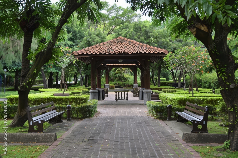 Serene Park with Pavilions and Lush Green Landscape Serene Park with Pavilions and Lush Green Landscape