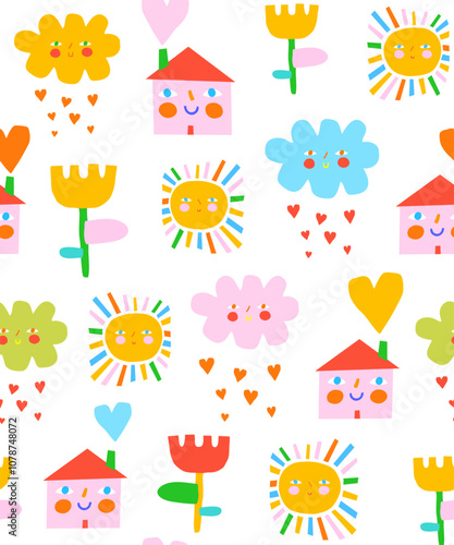 Cute Nursery Seamless Vector Pattern. Smiling Sun with Colorful Rays, Clouds with Rain of Hearts, Tulip Flowers on a White Background. Sweet Pink House with Big Heart. Lovely Prattern for Kids. 