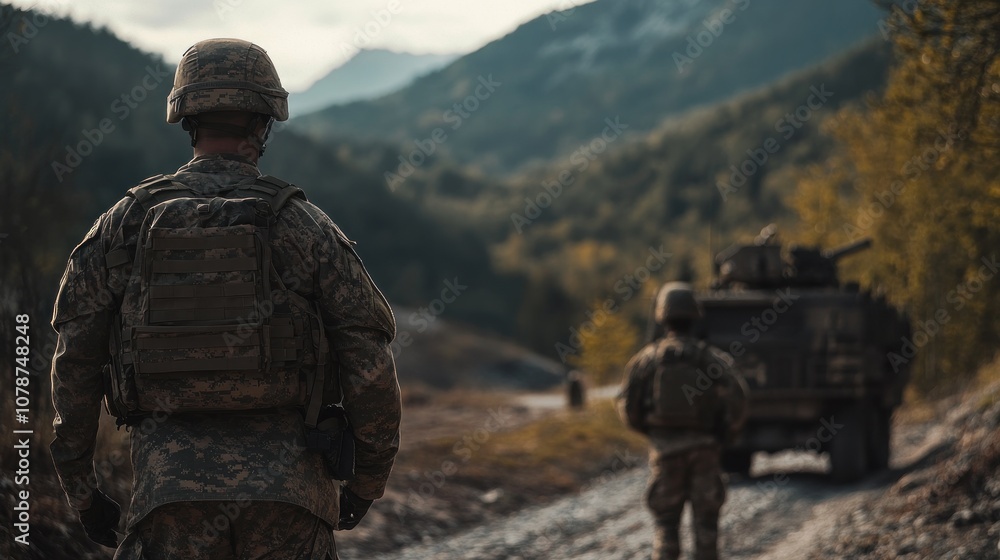 A soldier in camouflage walks on a dusty road with a military vehicle in the background, and mountains are in the distance. A soldier in camouflage walks on a dusty road with a military vehicle in the background, and mountains are in the distance.