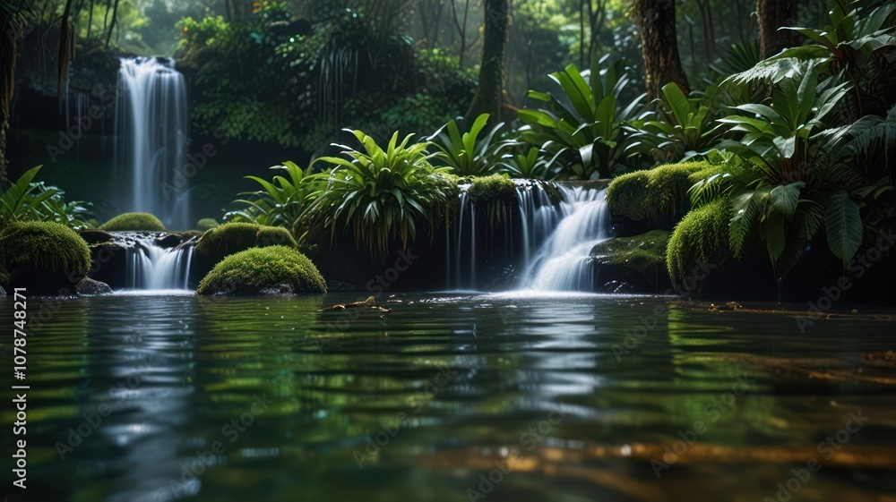 Lush green jungle waterfall with cascading water and a calm pool. Lush green jungle waterfall with cascading water and a calm pool.