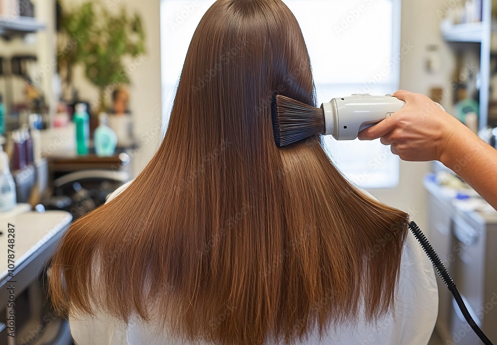 Fototapeta premium Hairdresser Styling Long Brown Hair with Electric Brush