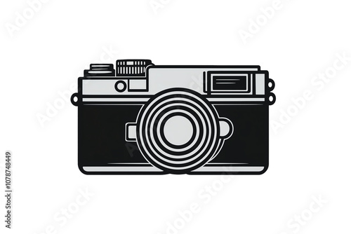 PNG cut out isolated background. A minimalist, black-and-white icon of a retro-style camera featuring a prominent lens, viewfinder, and detailed buttons. 