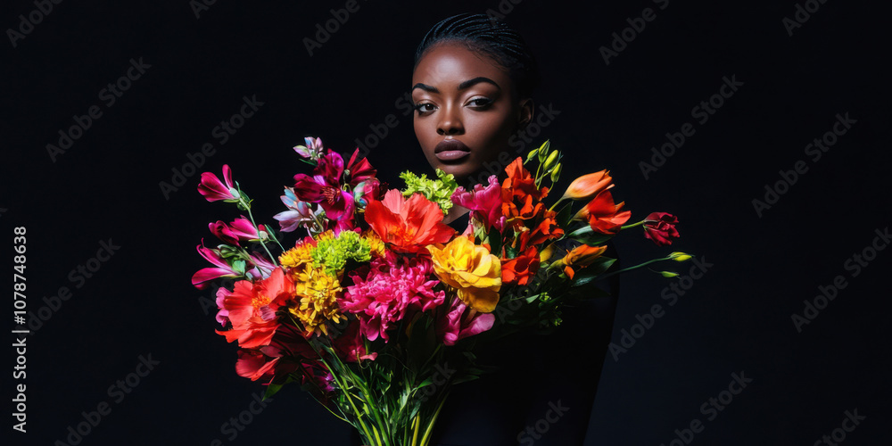 Fototapeta premium A model dressed in a sleek black outfit, standing against a pitch-black backdrop, holding a bright, multicolored bouquet of flowers