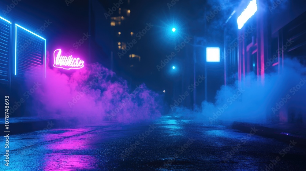 Dark street with a neon glow, blue spotlights illuminating the scene. Smoke rises from the asphalt, adding mystery and ambiance. Dark street with a neon glow, blue spotlights illuminating the scene. Smoke rises from the asphalt, adding mystery and ambiance.