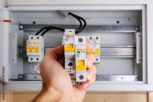 Fotografía Hand holding two circuit breakers with yellow switches in front of a distributio