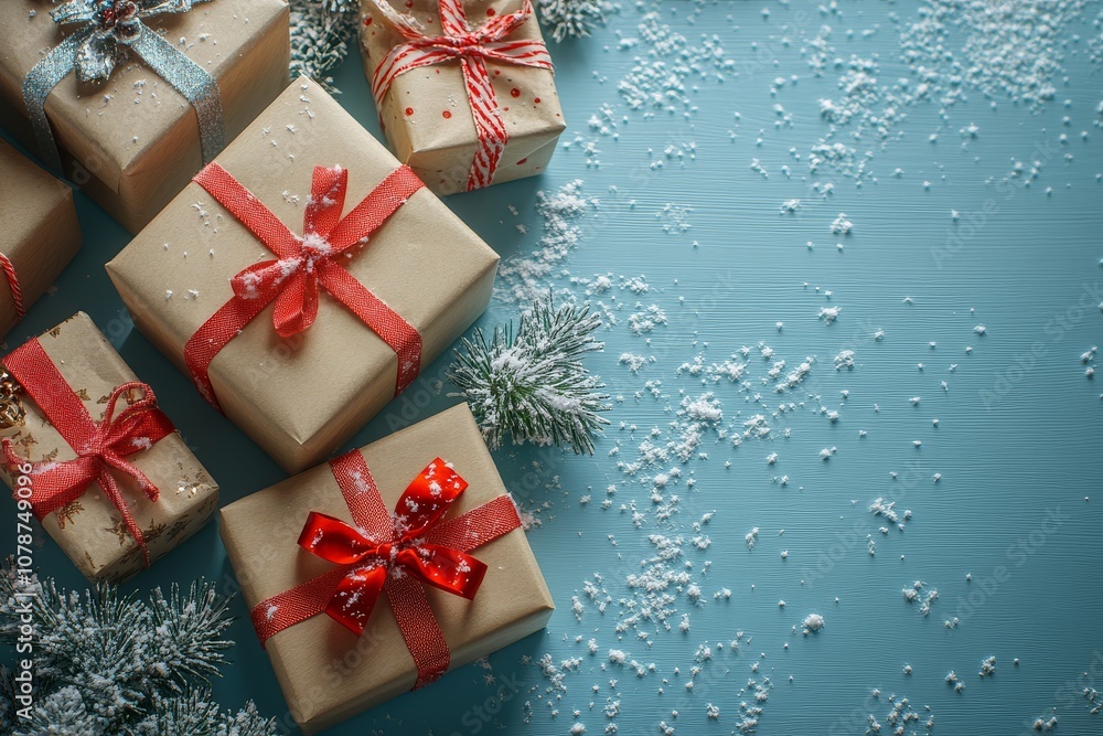 Christmas gift boxes with red ribbon bows and gift tags on a light blue wooden table, with a white background and snowing effect. Flat lay top view with copy space for text. Christmas gift boxes with red ribbon bows and gift tags on a light blue wooden table, with a white background and snowing effect. Flat lay top view with copy space for text.