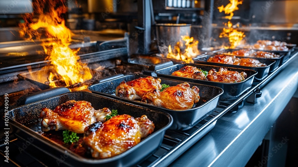 Roasted Chicken Thighs in a Commercial Kitchen. Roasted Chicken Thighs in a Commercial Kitchen.