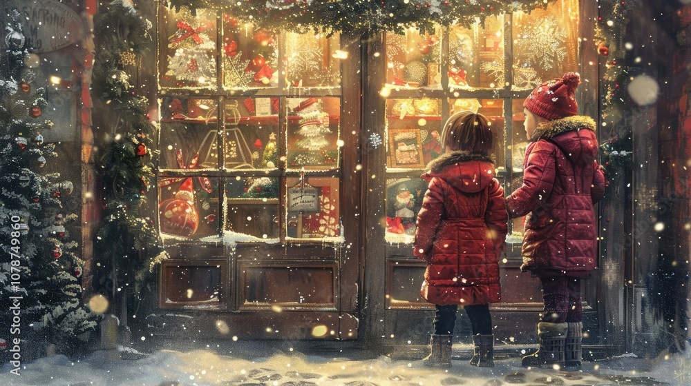 A cute little boy and girl in winter coats stand outside the window of an old-fashioned Christmas store A cute little boy and girl in winter coats stand outside the window of an old-fashioned Christmas store