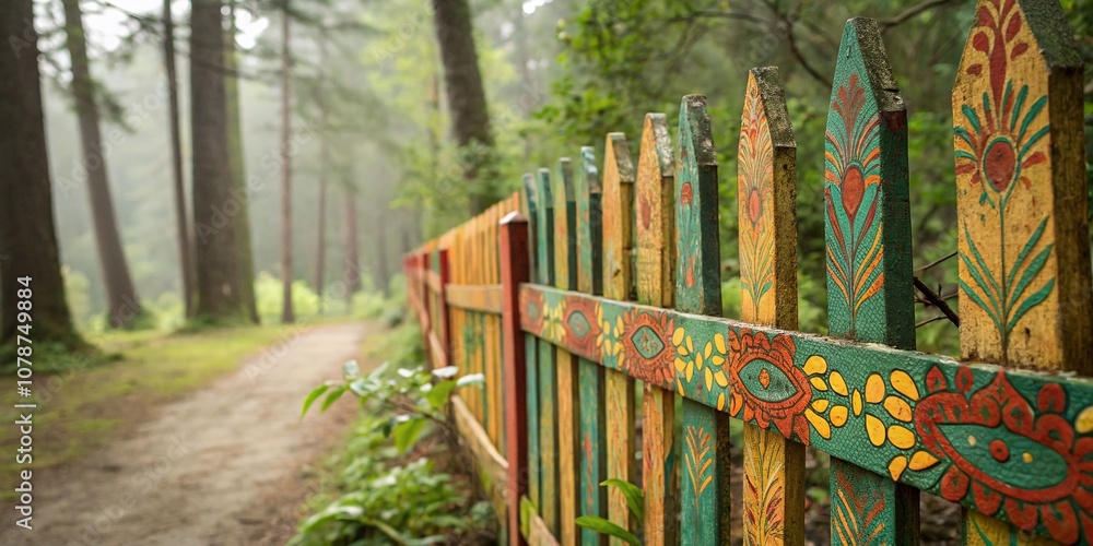 Enchanted Double Exposure of a Hand-Painted Fence Merging with a Lush Forest Landscape, Capturing Nature's Beauty and Artistic Expression in a Dreamlike Scene Enchanted Double Exposure of a Hand-Painted Fence Merging with a Lush Forest Landscape, Capturing Nature's Beauty and Artistic Expression in a Dreamlike Scene