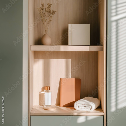 Wallpaper Mural minimalist shelf with book, vase, and towel in soft lighting Torontodigital.ca