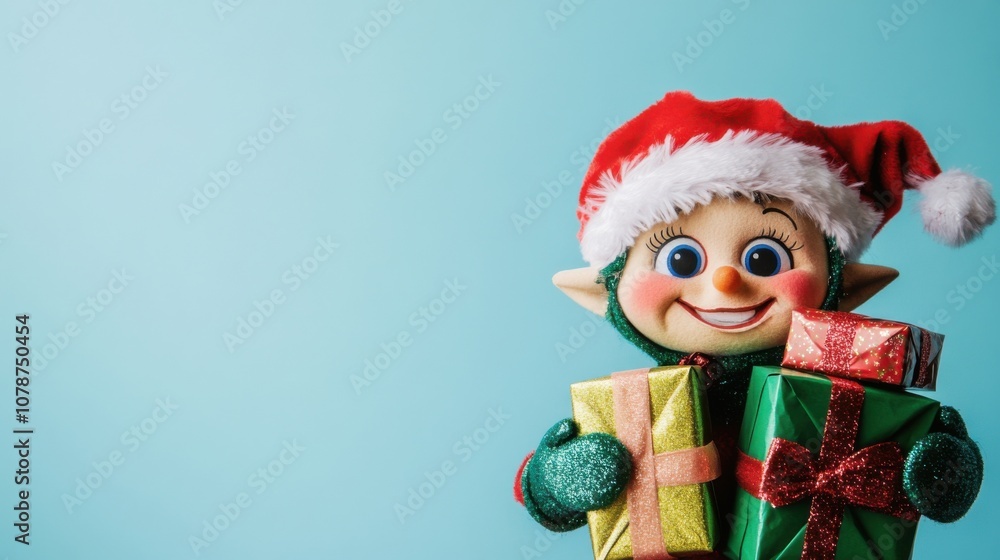 Cheerful elf with Christmas gifts and hat. Cheerful elf with Christmas gifts and hat.