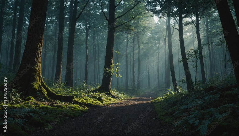 Naklejka premium A misty path winds through a dense forest, sunlight breaking through the canopy