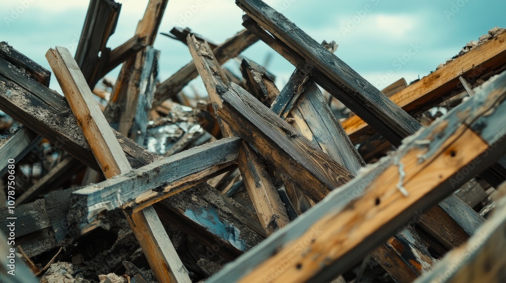 Cracked and broken wood frames in a landfill, showing the impact of construction waste on the environment Cracked and broken wood frames in a landfill, showing the impact of construction waste on the environment