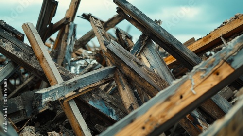 Cracked and broken wood frames in a landfill, showing the impact of construction waste on the environment