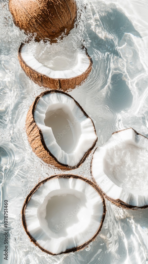 Floating Coconut Halves in Sunlit Rippling Water Floating Coconut Halves in Sunlit Rippling Water