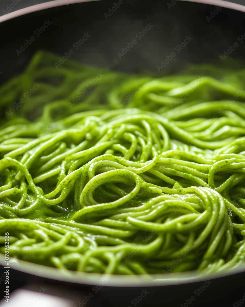 Close-up of green spaghetti coated in creamy pesto sauce, steaming in a pan, showcasing a vibrant and delicious Italian dish. Close-up of green spaghetti coated in creamy pesto sauce, steaming in a pan, showcasing a vibrant and delicious Italian dish.