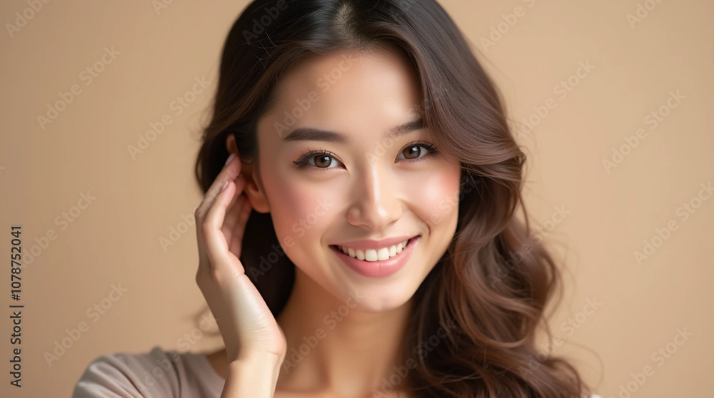 Smiling woman with long brown hair touching her face Smiling woman with long brown hair touching her face