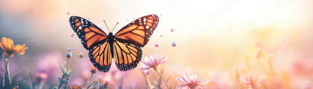 Obraz premium A vibrant butterfly rests delicately on colorful flowers, showcasing nature's beauty in a serene spring setting.