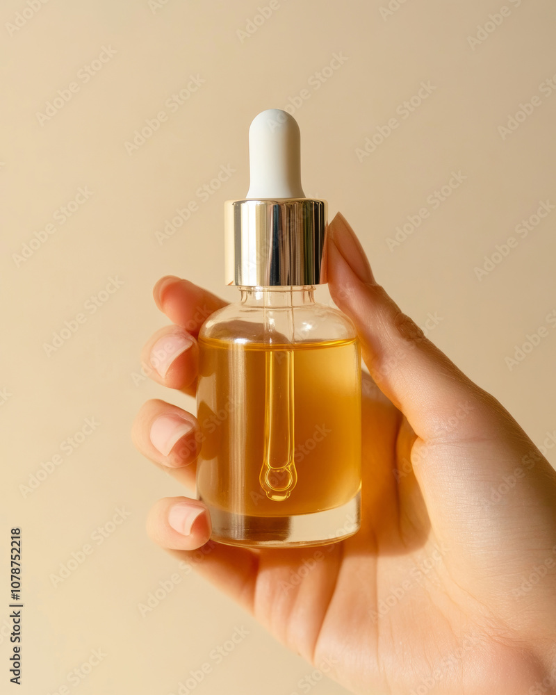 Hand Holding Golden Skincare Serum Dropper Bottle Hand Holding Golden Skincare Serum Dropper Bottle