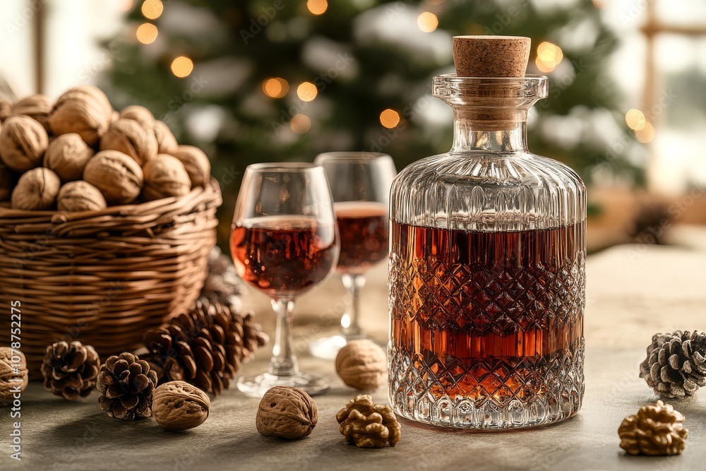 Christmas-themed alcoholic beverage in a large glass bottle, accompanied by red wine glasses, walnuts, and festive decorations. Studio product photography with soft lighting. Christmas-themed alcoholic beverage in a large glass bottle, accompanied by red wine glasses, walnuts, and festive decorations. Studio product photography with soft lighting.