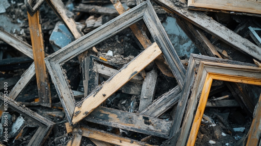 Wooden frames damaged and discarded in landfill, conveying the lasting impact of construction waste Wooden frames damaged and discarded in landfill, conveying the lasting impact of construction waste