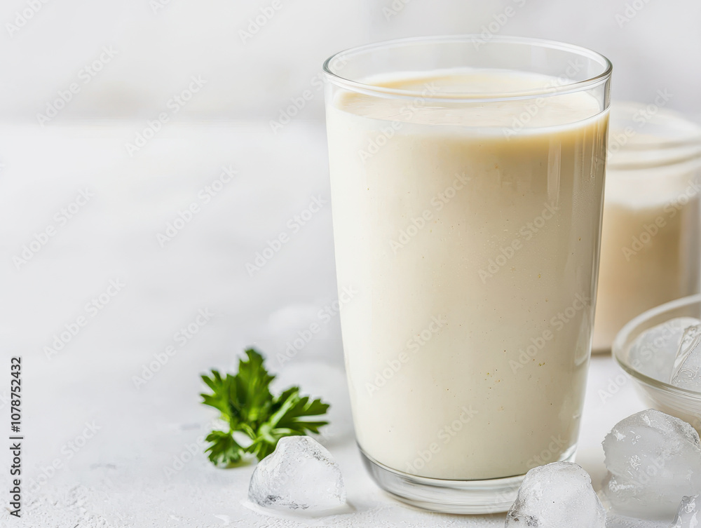 Creamy organic whey protein shake in glass with ice and herbs. This nutritious drink is perfect for post workout recovery or healthy snack