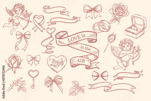 Set of sketches, engravings for Valentine's Day. Heart, cupid, roses, bows and ribbon. Vector illustration