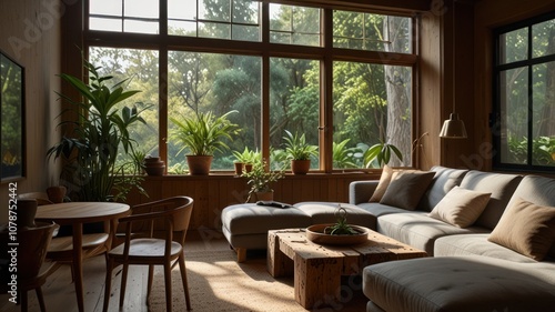 Modern living room with large windows overlooking a garden, featuring a grey sofa, a wooden coffee table, and potted plants.