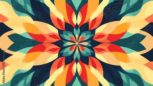 A colorful and vivid symmetric abstract design with floral kaleidoscope patterns, ideal for creative backgrounds. Kaleidoscope. Illustration