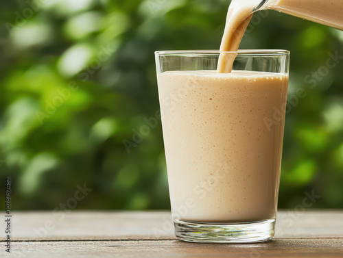 Smooth creamy organic whey protein shake pouring into glass, showcasing delicious and nutritious beverage. Perfect for fitness enthusiasts and health conscious individuals photo