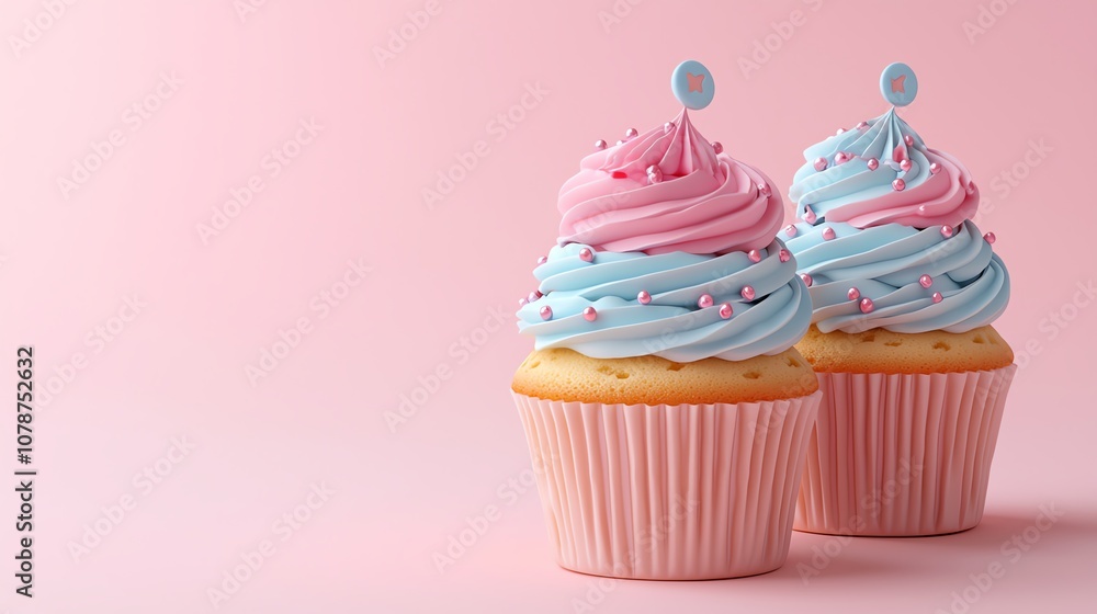 Pastel colored cupcakes with baby toppers, 3D illustration Pastel colored cupcakes with baby toppers, 3D illustration