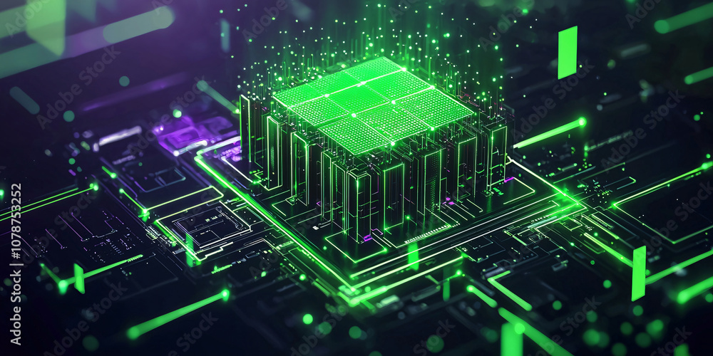 A futuristic circuit board with a glowing green microchip at its center, surrounded by vibrant data streams, representing advanced technology and digital innovation A futuristic circuit board with a glowing green microchip at its center, surrounded by vibrant data streams, representing advanced technology and digital innovation