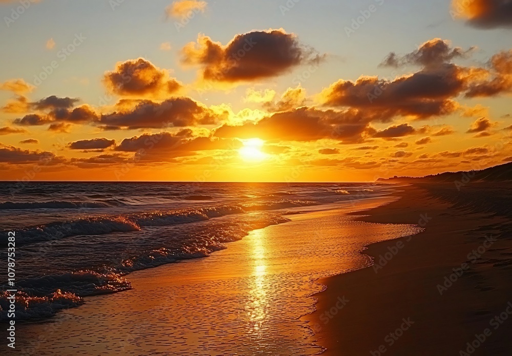 Fototapeta premium Golden Sunset Over Ocean Beach Waves Clouds