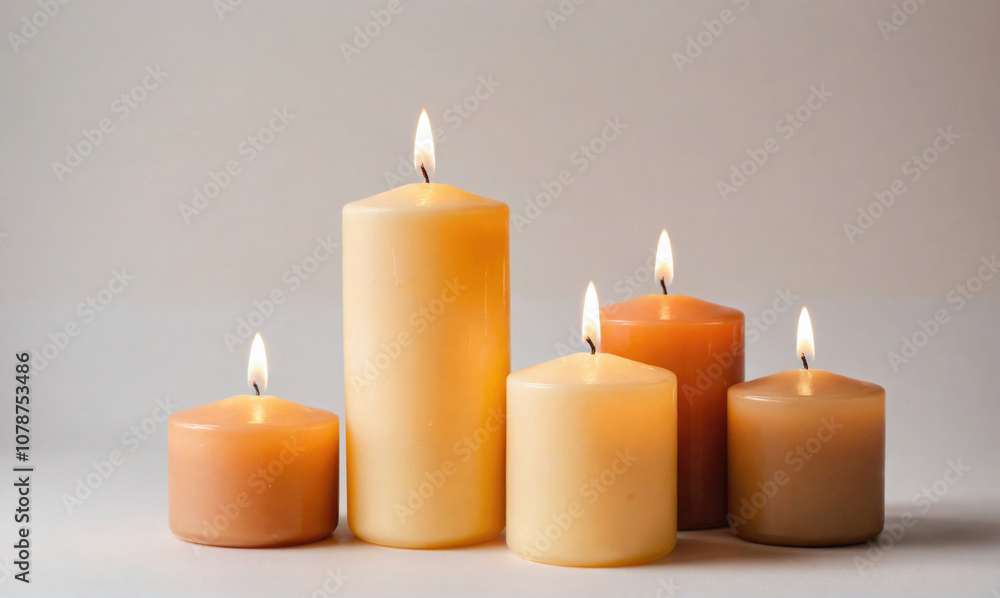 Five candles are lit and burning in a row on a white surface Five candles are lit and burning in a row on a white surface