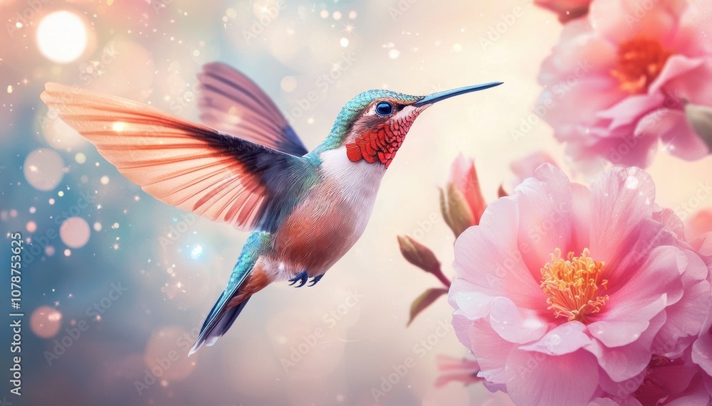 Fototapeta premium A colorful hummingbird gracefully hovers near vibrant flowers, capturing the essence of nature's beauty and harmony.