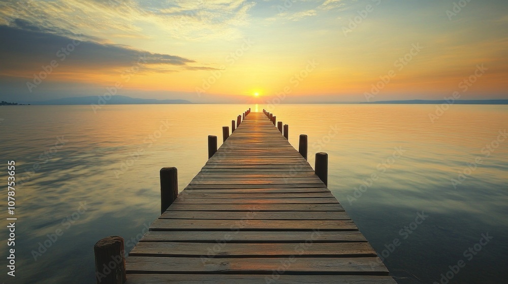 Obraz premium Sunrise over Lake with Wooden Dock