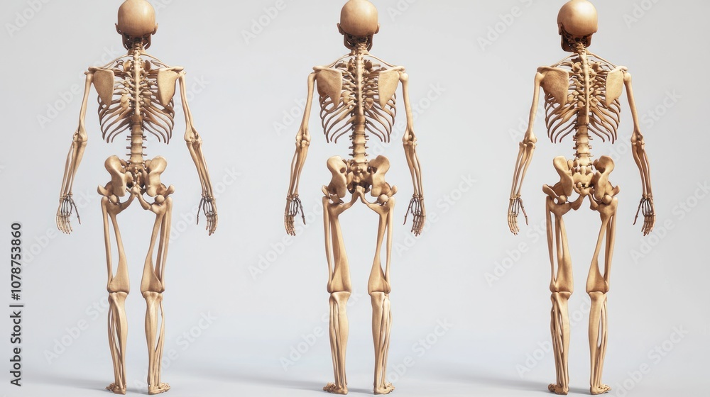 Three Skeletons in a Row, Standing Back-to-Back, Showing Human Bone Structure Three Skeletons in a Row, Standing Back-to-Back, Showing Human Bone Structure