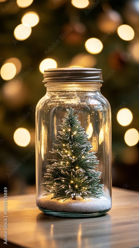 Miniature Christmas tree in a glass jar, illuminated by warm fairy lights, creating a magical holiday atmosphere against a blurred bokeh background. Miniature Christmas tree in a glass jar, illuminated by warm fairy lights, creating a magical holiday atmosphere against a blurred bokeh background.