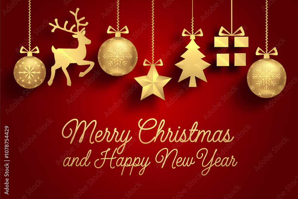 Red background with golden Christmas ornaments, Merry Christmas in cursive Red background with golden Christmas ornaments, Merry Christmas in cursive