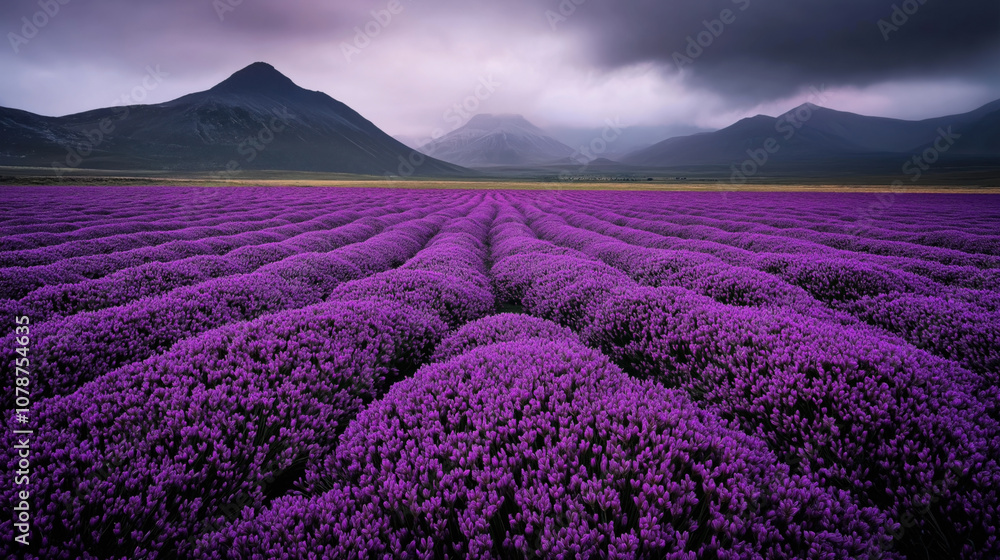 Fototapeta premium Expansive field of vibrant purple flowers with rolling patterns beneath dark, cloudy sky and mountainous background landscape in the distance
