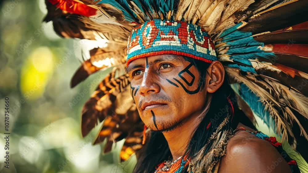 A latin american tribal man Wear colorful Indian headdresses and face paint. The man wore a blue and red headdress with feathers. A latin american tribal man Wear colorful Indian headdresses and face paint. The man wore a blue and red headdress with feathers.